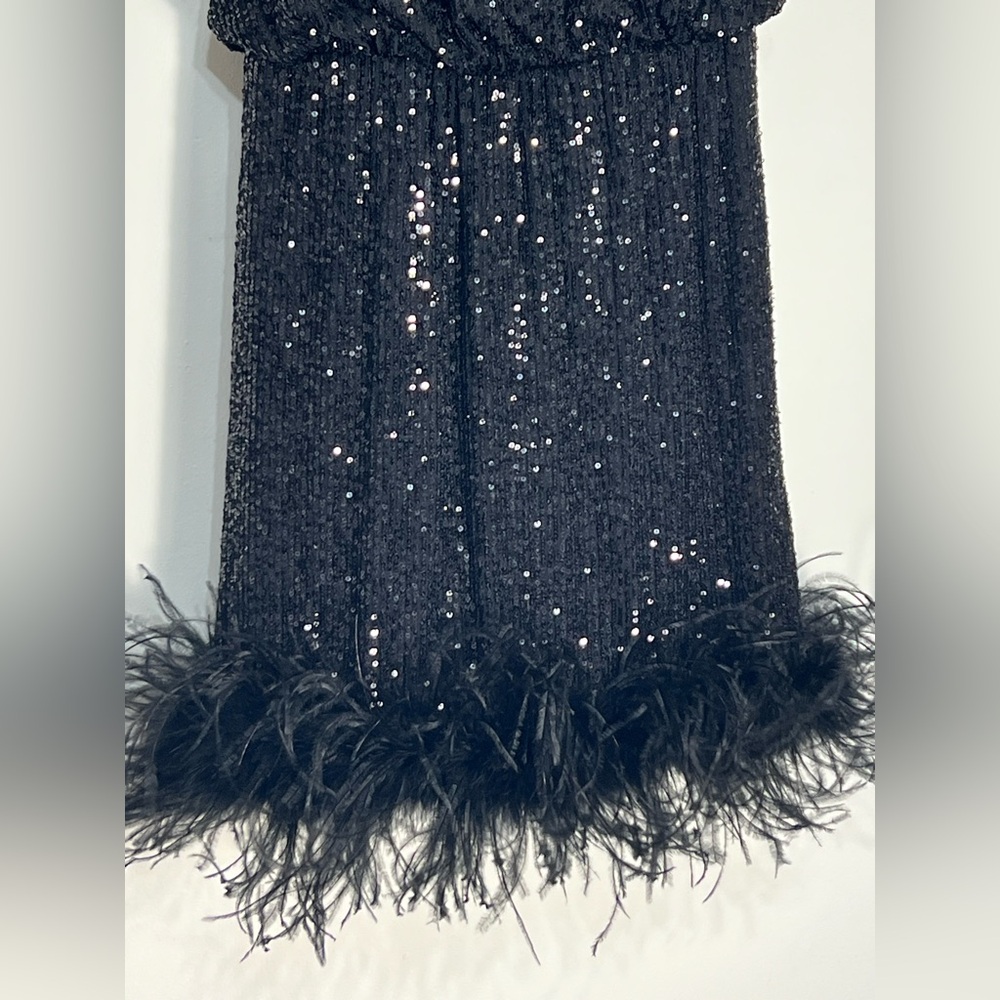 Eliza J Black Sequined Mini Cocktail Party Feather Bottom Dress Size 4 - Picture 2 of 14